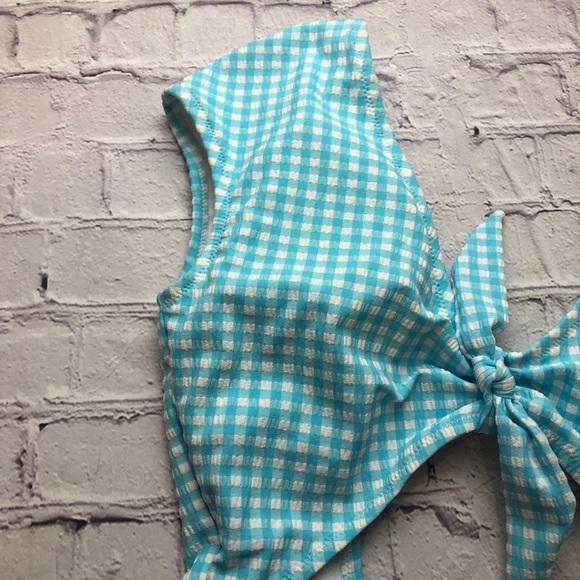 Jessica Simpson cap sleeve bow front blue white check gingham swimsuit Medium - Picture 5 of 8